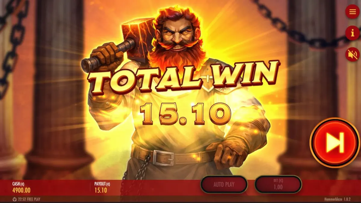 Tampilan visual slot Hammerblaze dengan tema bengkel dewa Yunani dan elemen api.