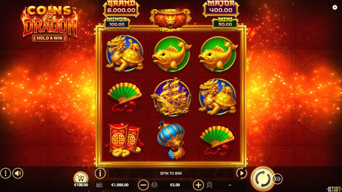 Tampilan visual slot Coins of Dragon dengan tema naga oriental dan koin emas.